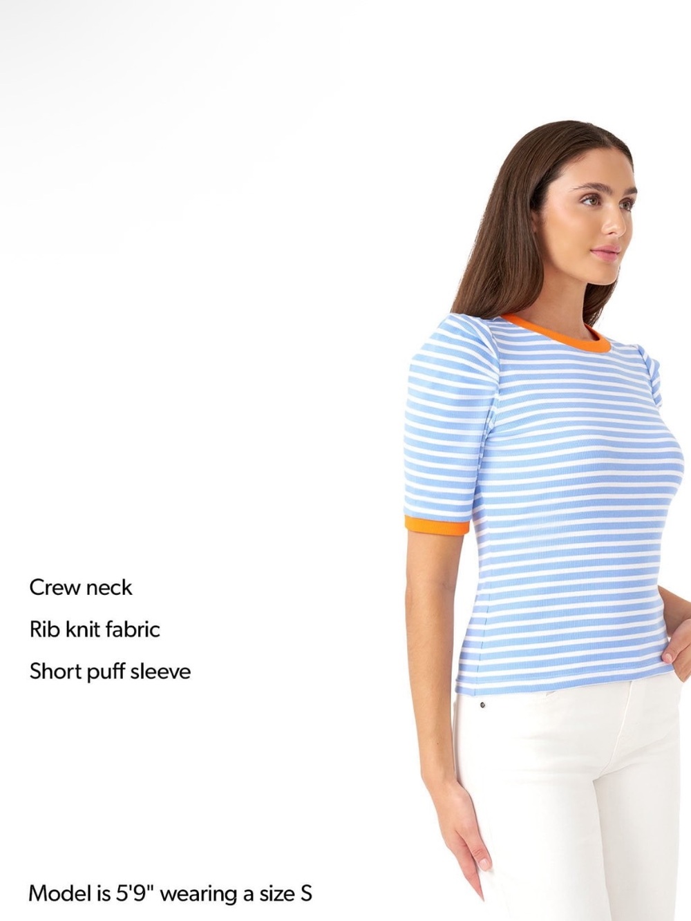 Rebecca Minkoff Blue White Striped Ribbed Puff Sleeve Top - Picture 3 of 5